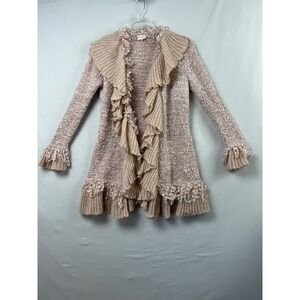 Sioni Cardigan Sweater Womens Small Blush Ruffle Open Front Chunky Knit Fringe